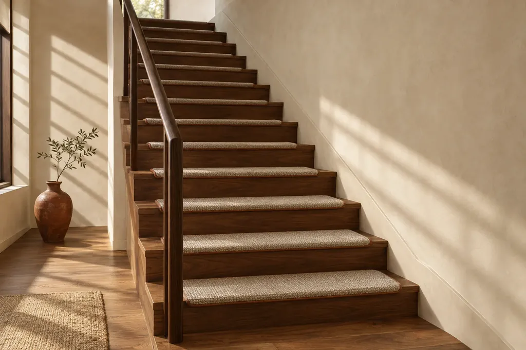 Walnut staircase with oatmeal carpet treads on every step