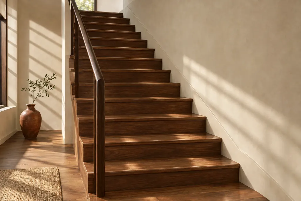 The same walnut staircase with bare, glossy steps