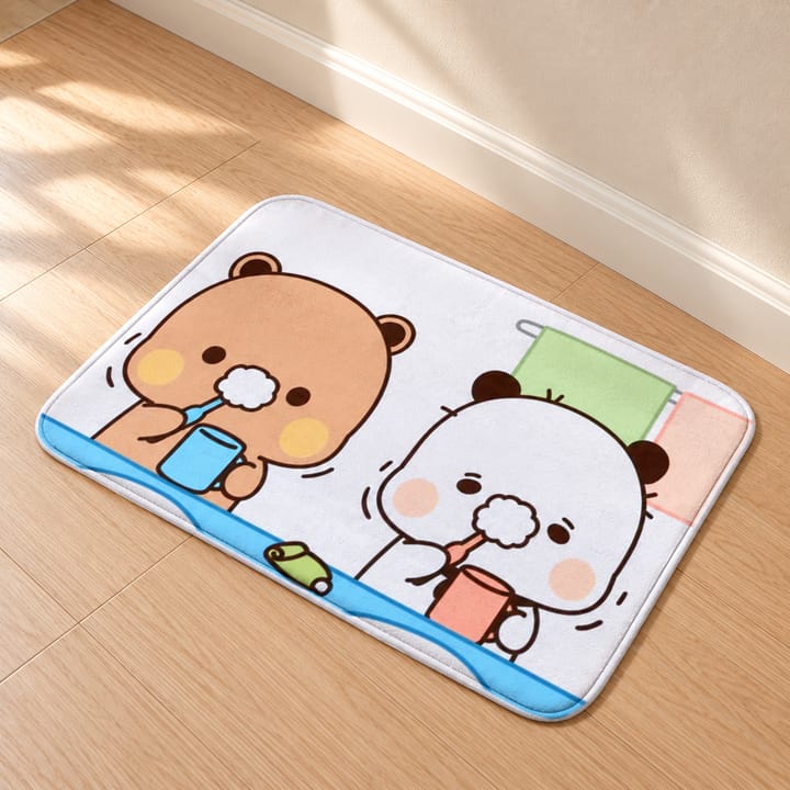 Cartoon Bear and Panda Door Mat, Bear and panda brushing teeth
