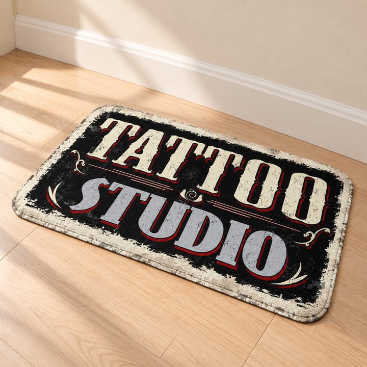 Tattoo Studio Printed Door Mat, Black with white Tattoo Shop