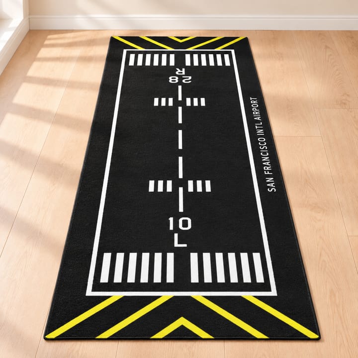 Runway Design Flocked Runner Rug, Black runway with 28R and San Francisco text