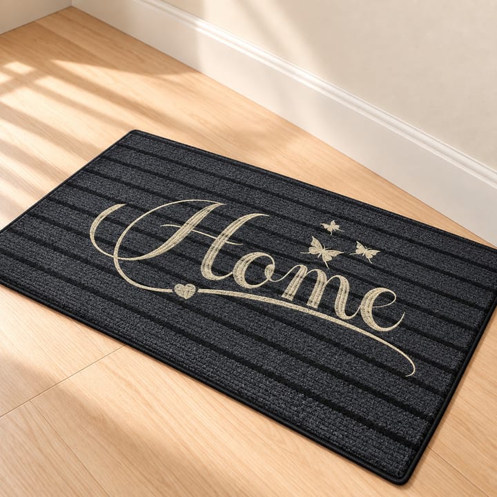 Striped Flocked Indoor Door Mat, Dark gray, Home script with butterflies