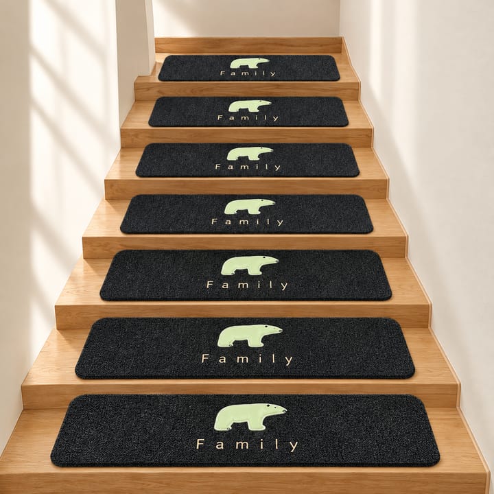 Soft Step Leaf Stair Treads, Black with green bear and Family text