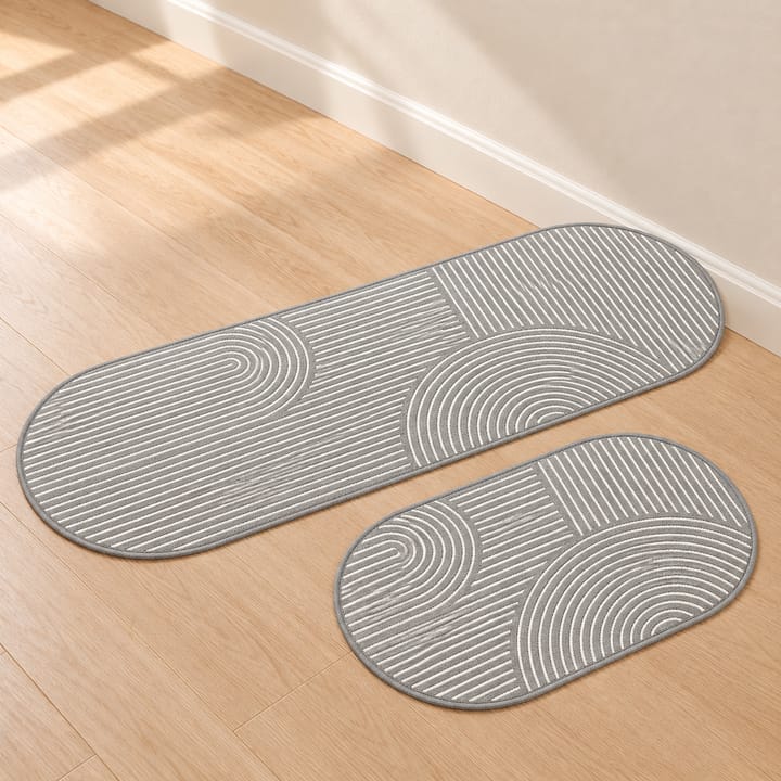 Striped Cut Pile Kitchen Runner, Gray with white arcs