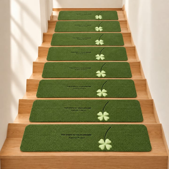 Soft Step Leaf Stair Treads, Green with green four-leaf clover