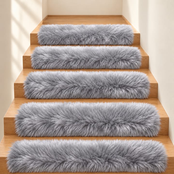 Plush Fur Stair Treads, Light gray
