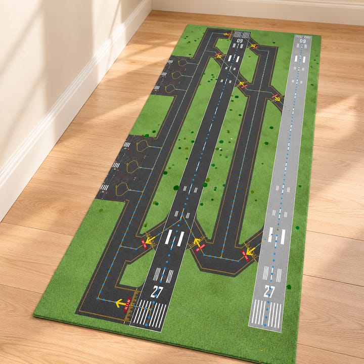 Runway Design Flocked Runner Rug, Green airport taxiway