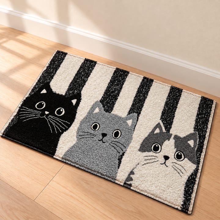 Striped Cat Print Door Mat, Black, gray and white cats on striped background