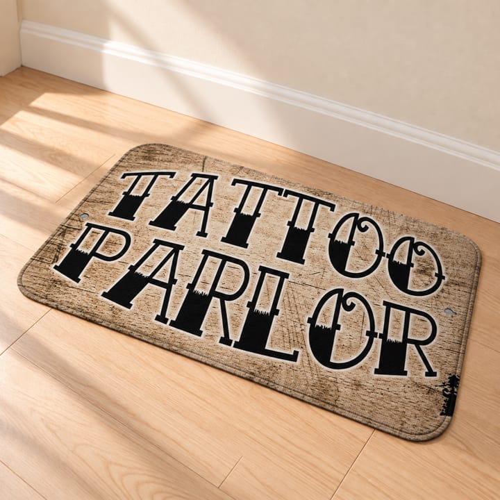 Tattoo Studio Printed Door Mat, Wood-look brown with black Tattoo Parlor