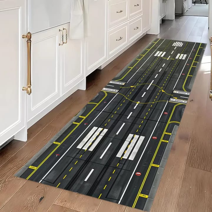 Runway Design Flocked Runner Rug, Black airport runway with yellow markings