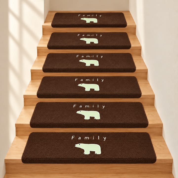 Soft Step Leaf Stair Treads, Dark brown with green bear and Family text