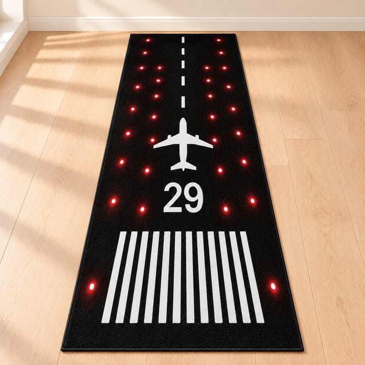 Runway Design Flocked Runner Rug, Black runway with red lights and 29