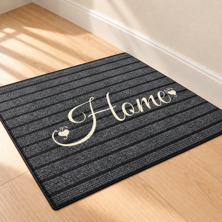 Striped Flocked Indoor Door Mat, Dark gray, Home script with hearts