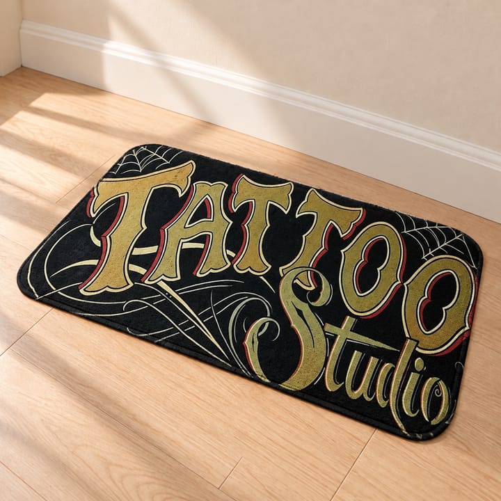 Tattoo Studio Printed Door Mat, Black with gold Tattoo Studio