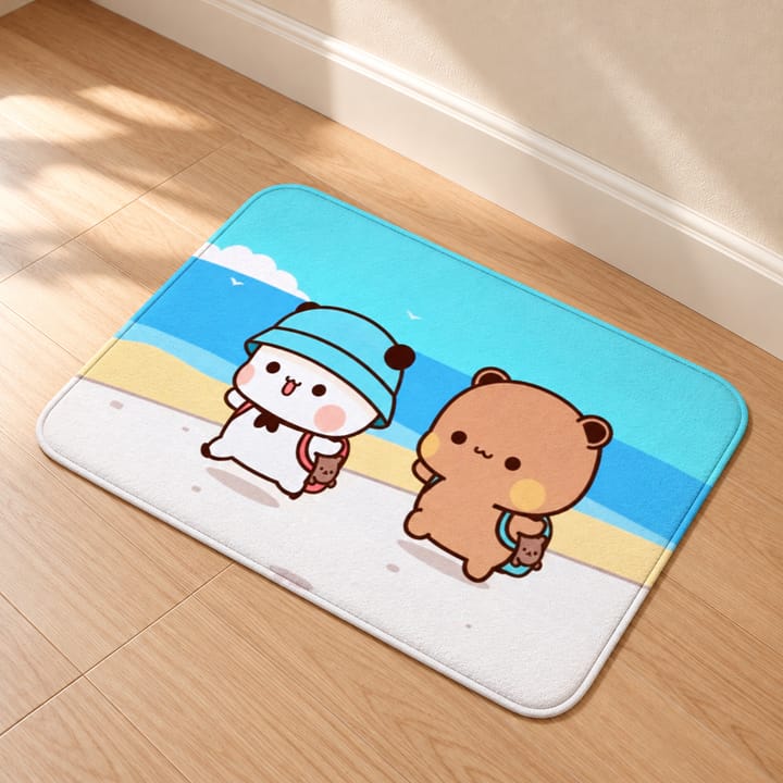 Cartoon Bear and Panda Door Mat, Bear and panda at the beach