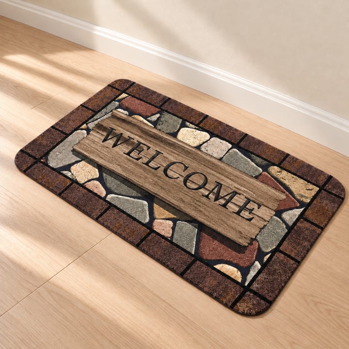 Stone Print Welcome Door Mat, Brown stone and wood welcome print