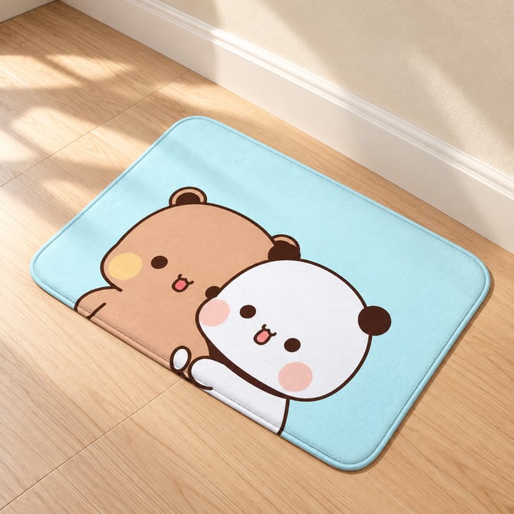 Cartoon Bear and Panda Door Mat, Bear and panda on light blue