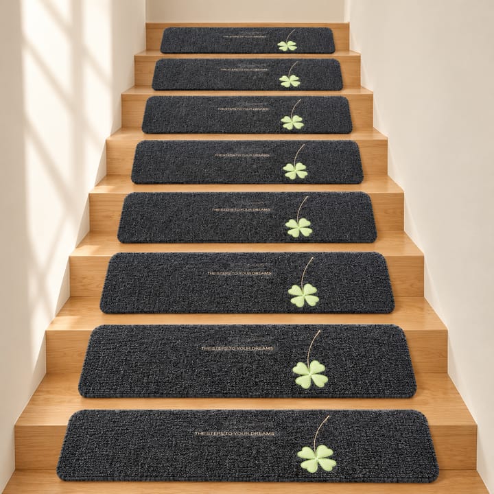 Soft Step Leaf Stair Treads, Dark gray with green four-leaf clover